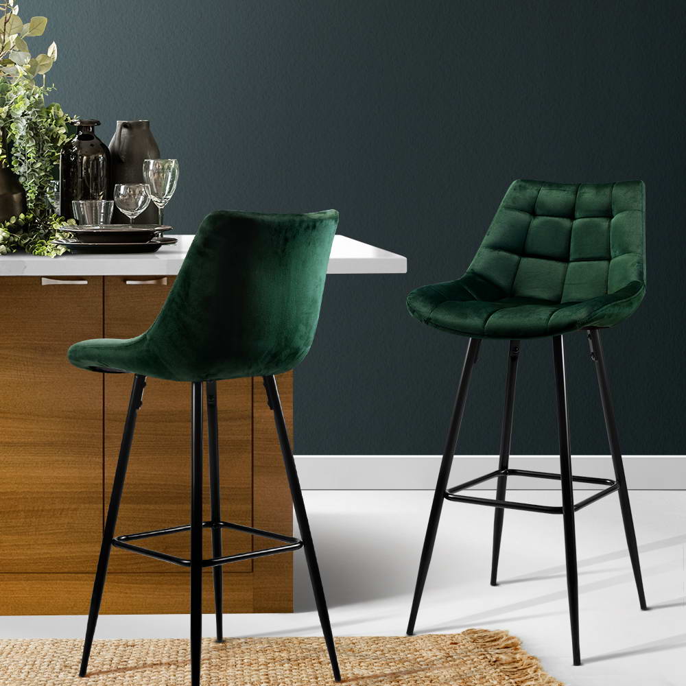 Velvet Bar Stool Counter Chair Green Audra x 2 - House Things Furniture > Bar Stools & Chairs