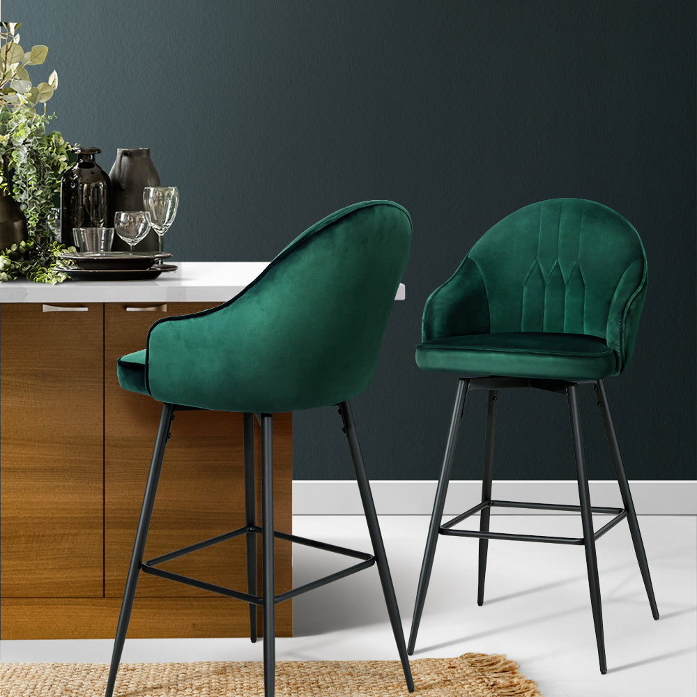 Martini Set of 2 Swivel Bar Stools Velvet Emerald Green