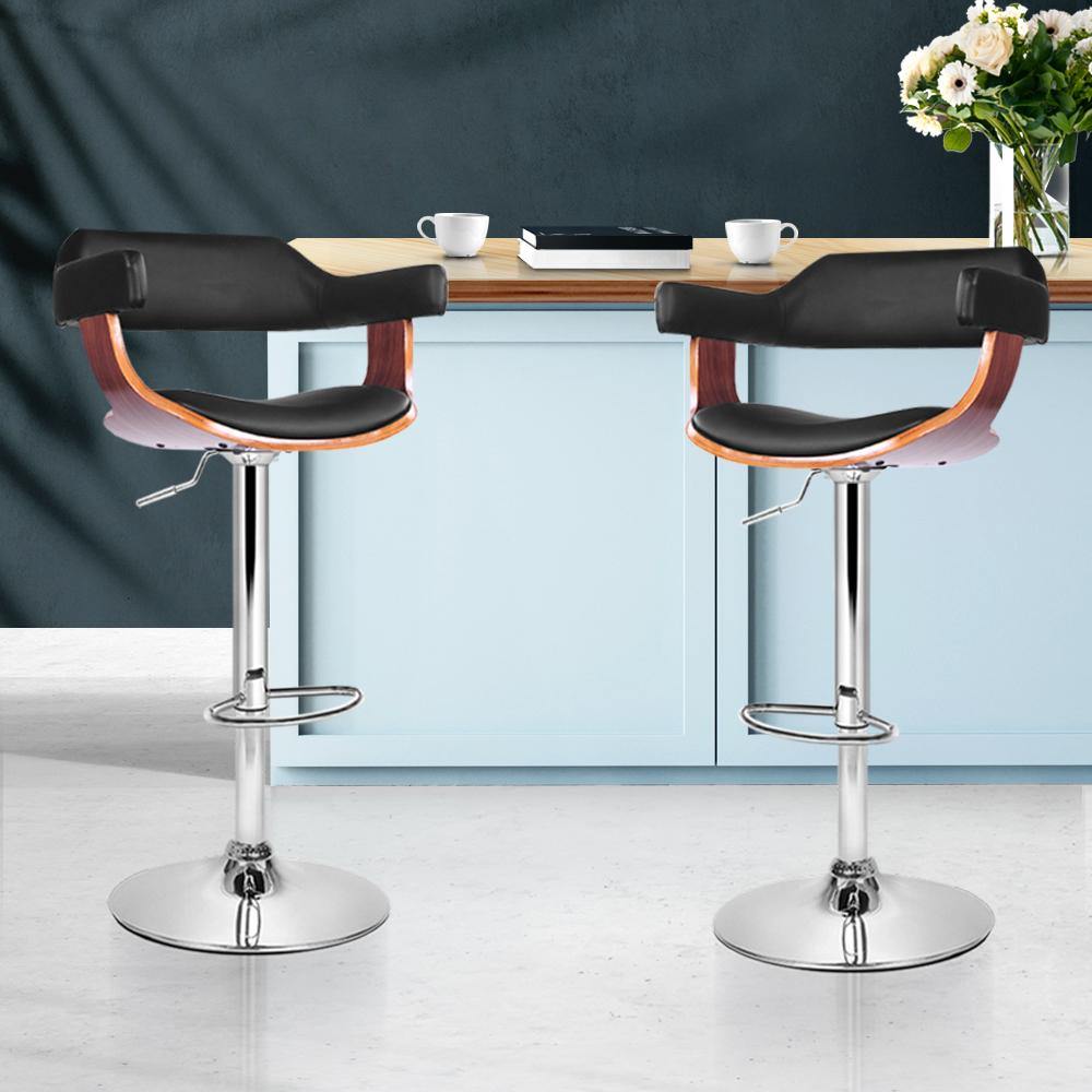Barton Wood and Leather Bar Stools Swivel Black Set of 2 - House Things Furniture > Bar Stools & Chairs