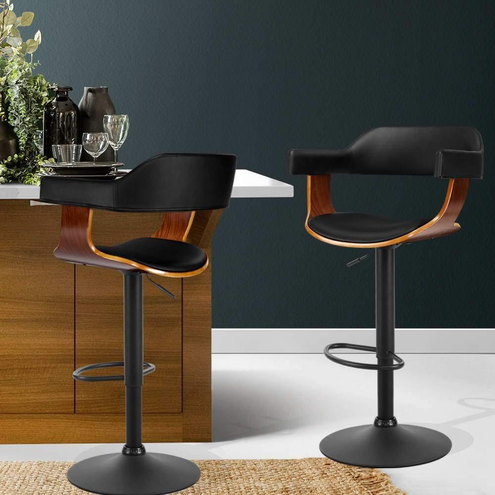 BARTON Wooden Bar Stool Swivel Gas Lift Leather Black - House Things Furniture > Bar Stools & Chairs