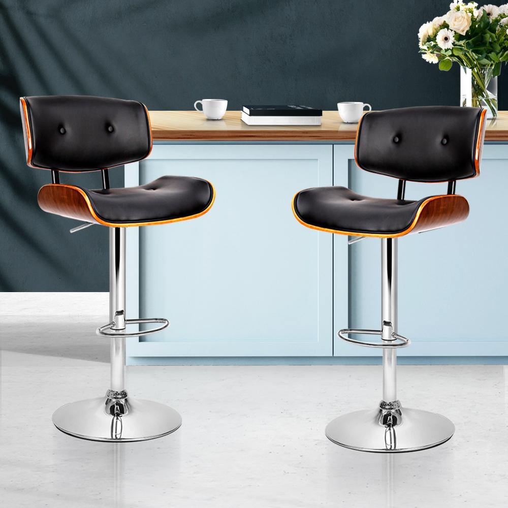 Austin 2 x Wooden Bar Stools Black Padded Gas Lift - House Things Furniture > Bar Stools & Chairs