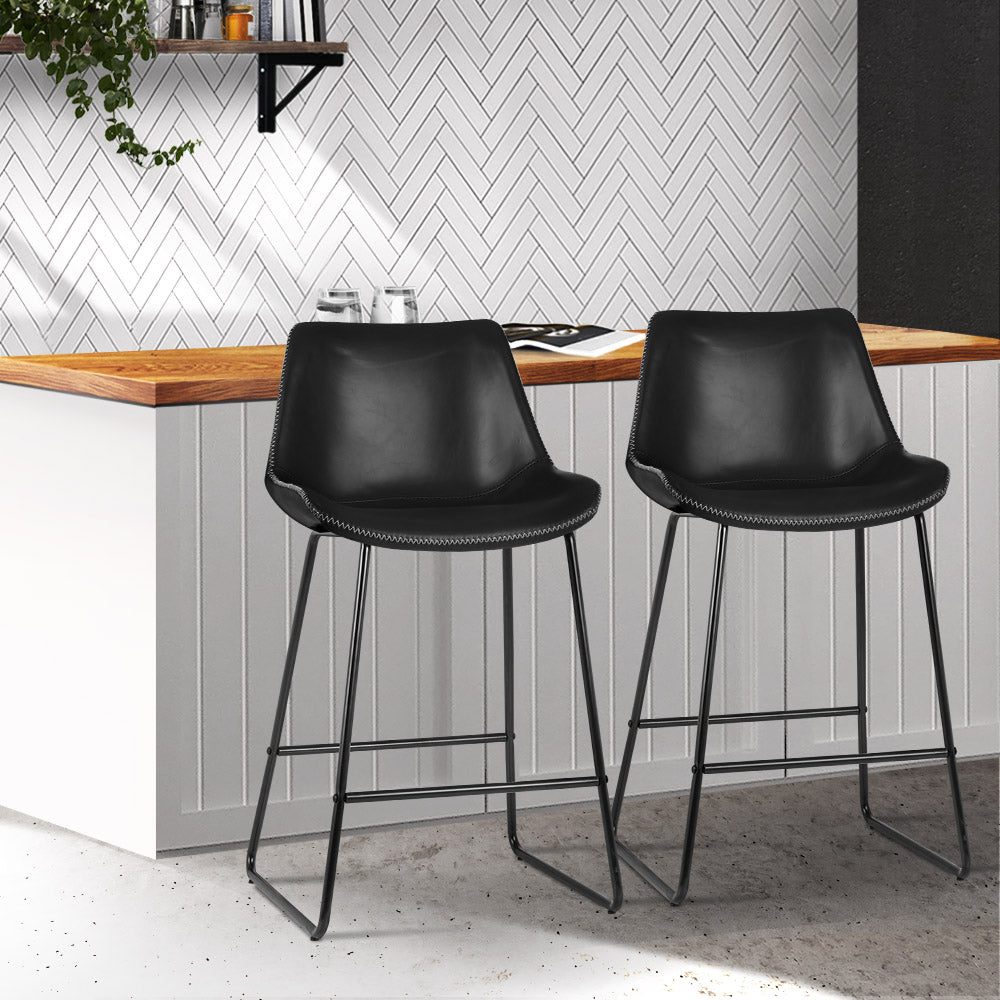 Gundai Set of 2 Bar Stools PU Leather Black - House Things Furniture > Bar Stools & Chairs