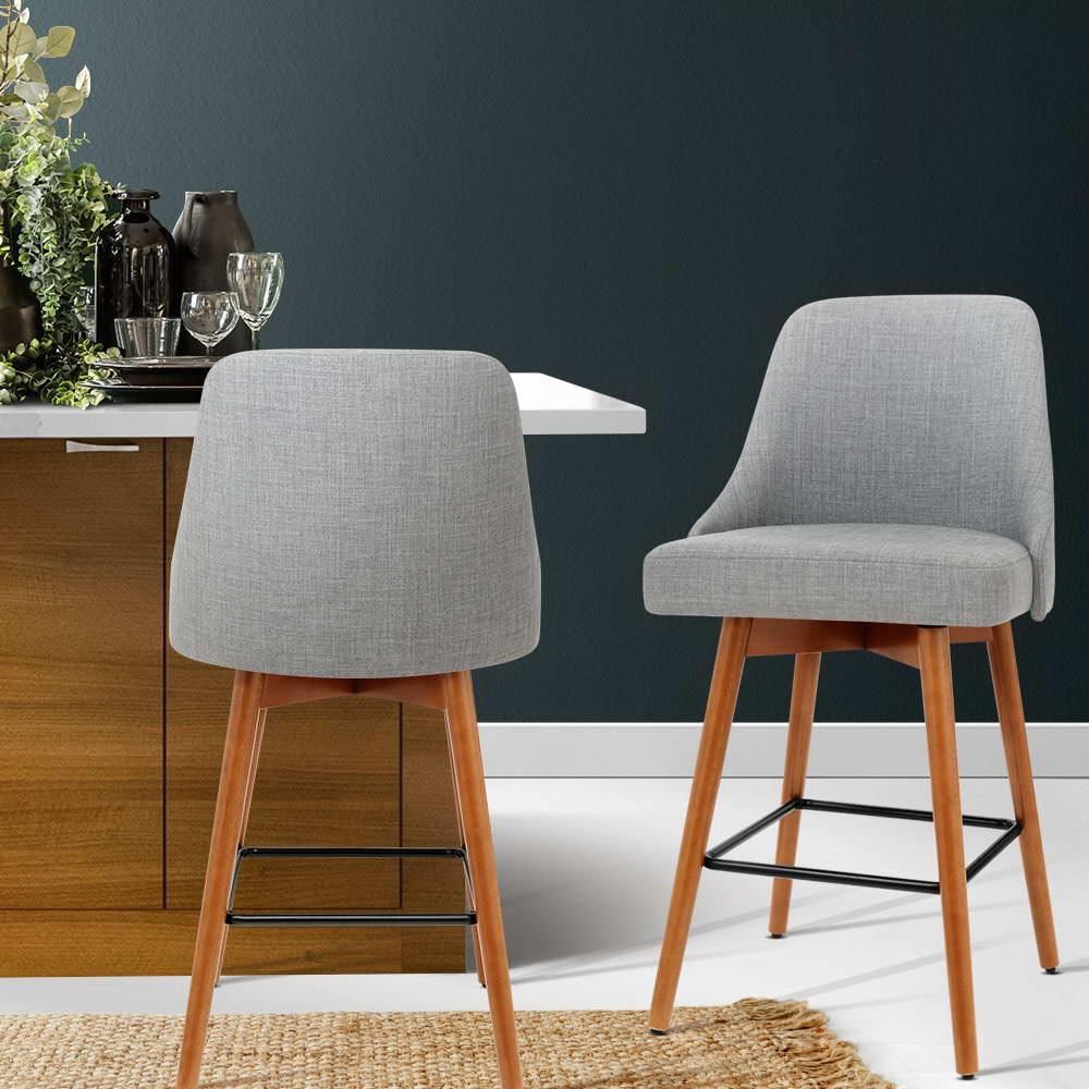 Manny Light Grey Fabric Wooden Bar Stools Swivel - Set of 2 - House Things Furniture > Bar Stools & Chairs