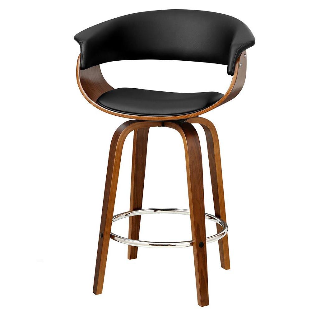 Boaz 1 x Wooden Bar Stool Swivel Leather Black - House Things Furniture > Bar Stools & Chairs