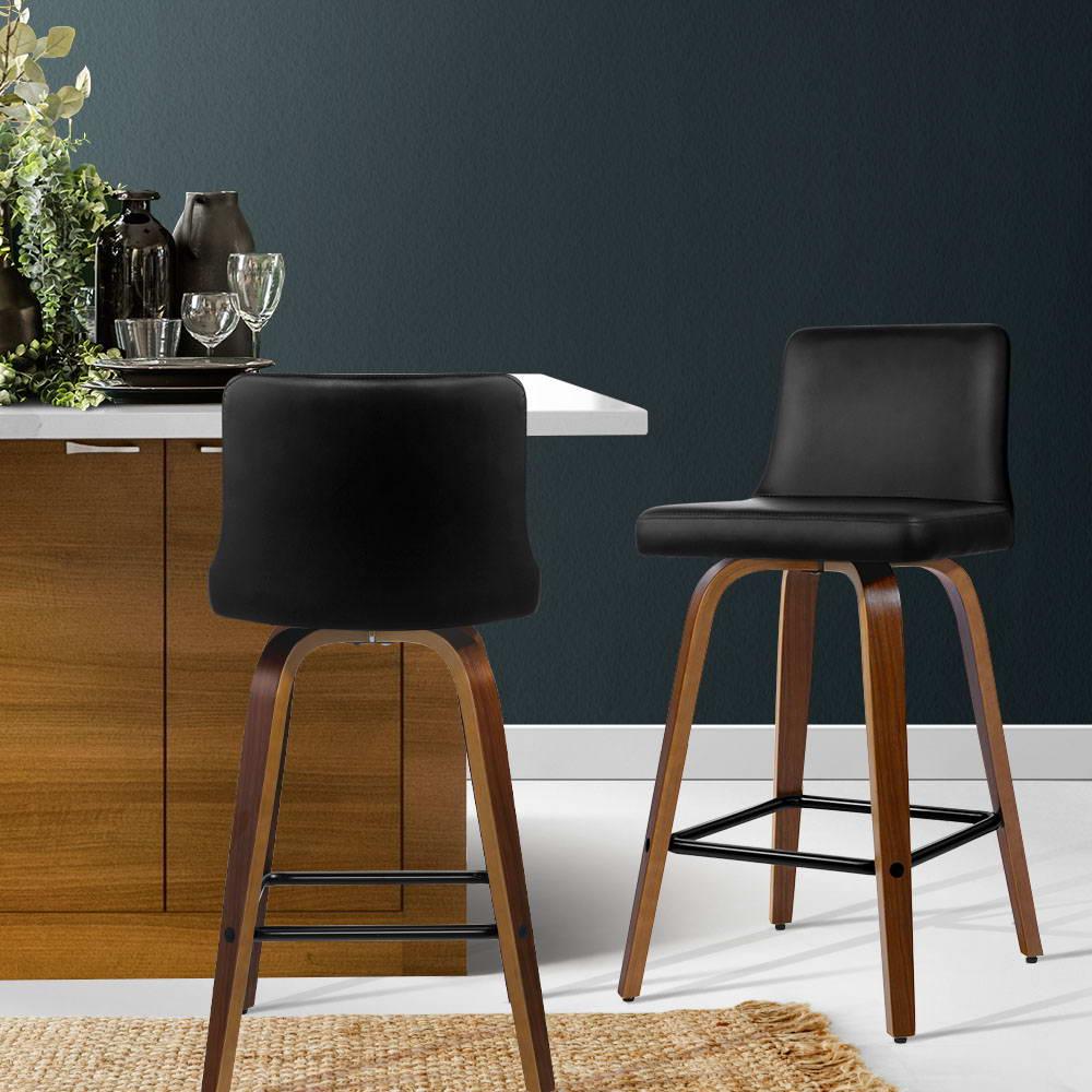 Felipe Swivel Bar Stools Wooden Leather Luxury Black - Set of 2 - House Things Furniture > Bar Stools & Chairs