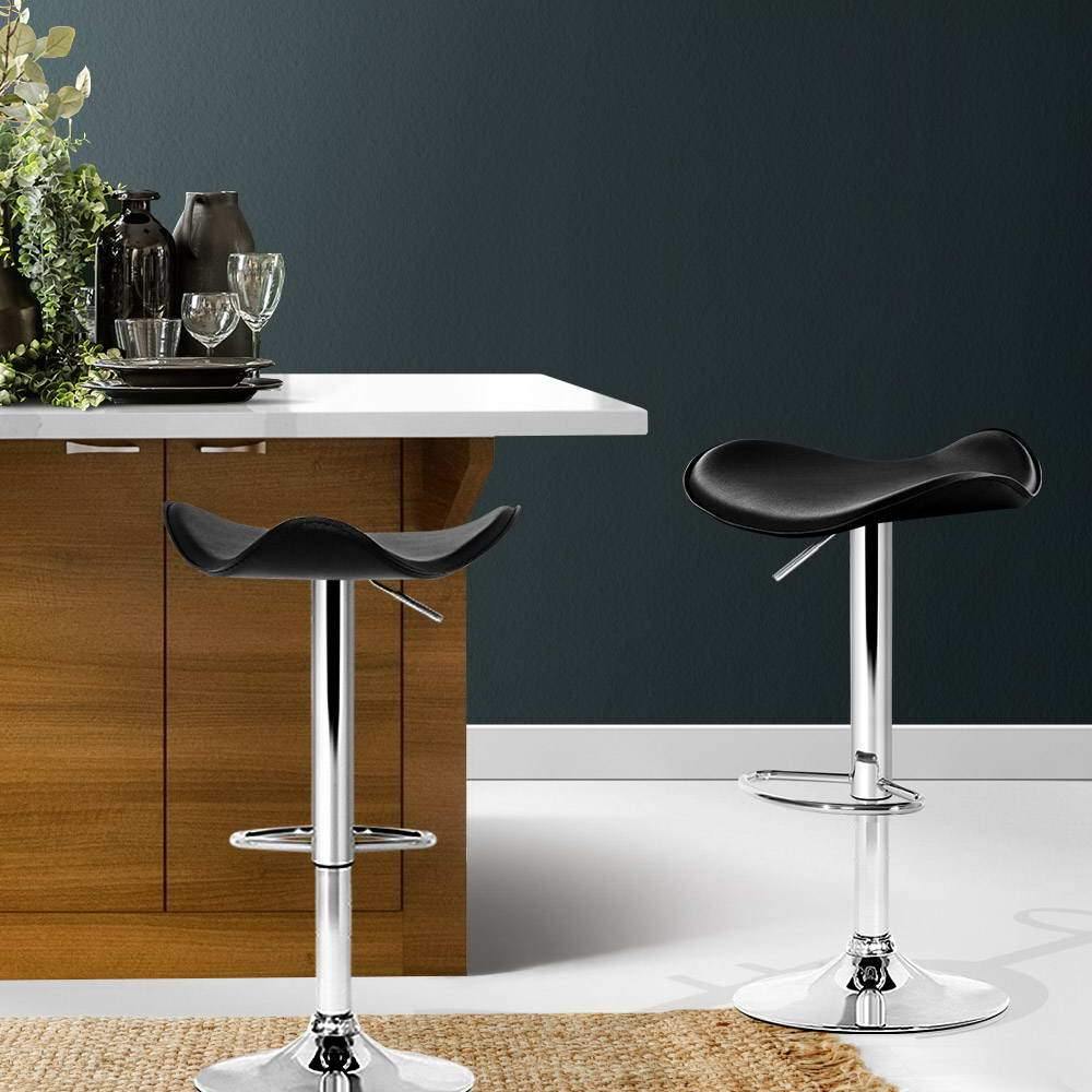 Keith Black Gas Lift Bar Stools Swivel Leather Chrome Set of 2 - House Things Furniture > Bar Stools & Chairs