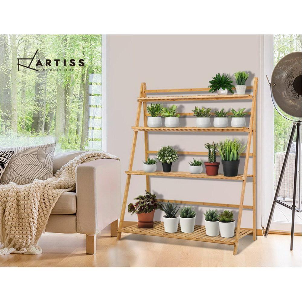Artiss Bamboo Wooden Ladder Shelf Plant Stand Foldable - House Things Furniture
