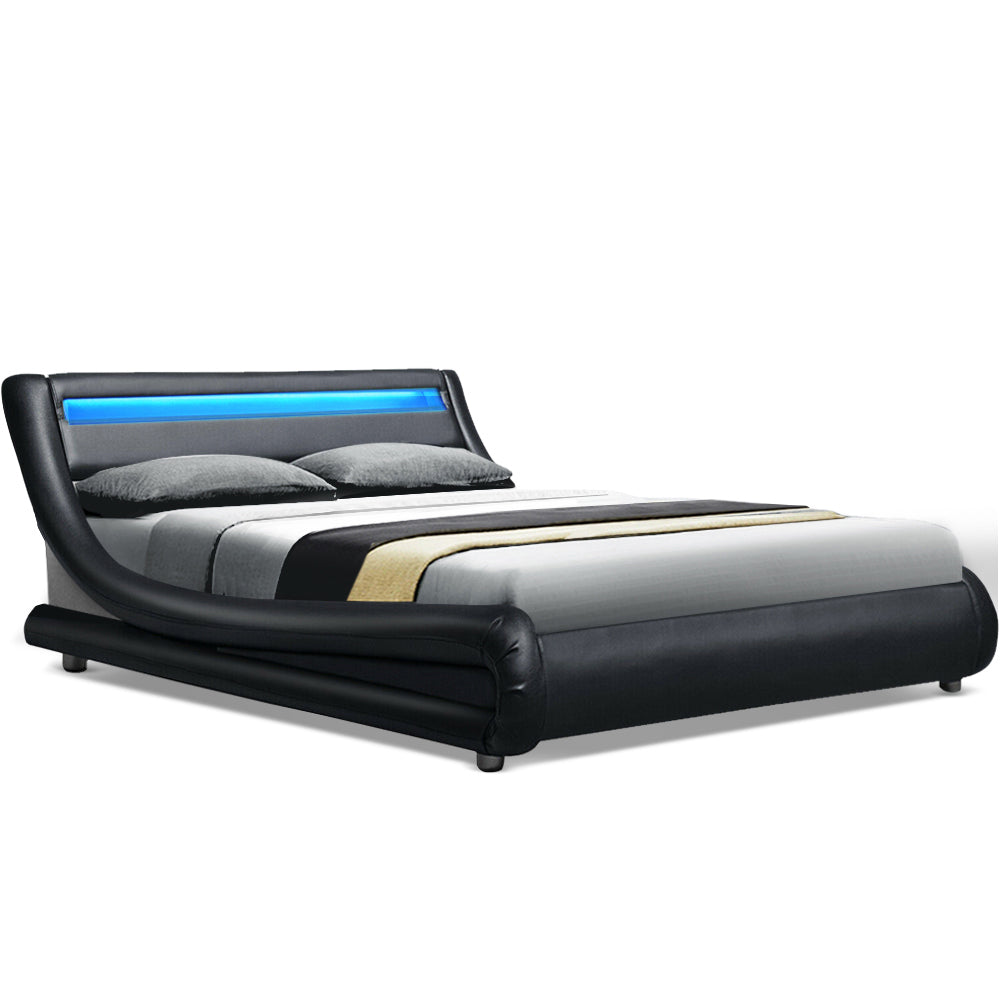 LED Bed Frame King Size Mattress Base Platform Black Leather Wooden ALEX - House Things Furniture > Bedroom