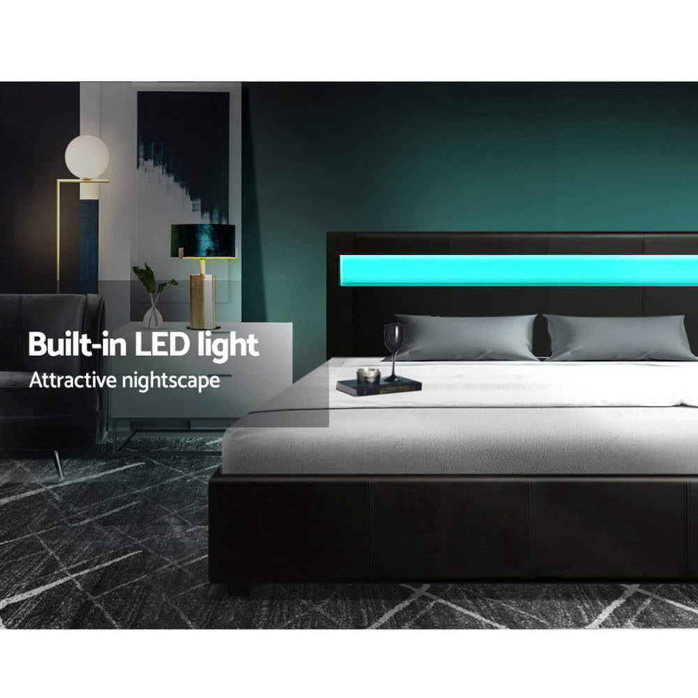 LED Bed Frame Double Gas Lift Base With Storage Black Leather - House Things Brand > Artiss