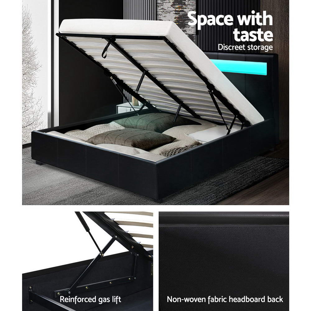 LED Bed Frame Double Gas Lift Base With Storage Black Leather - House Things Brand > Artiss
