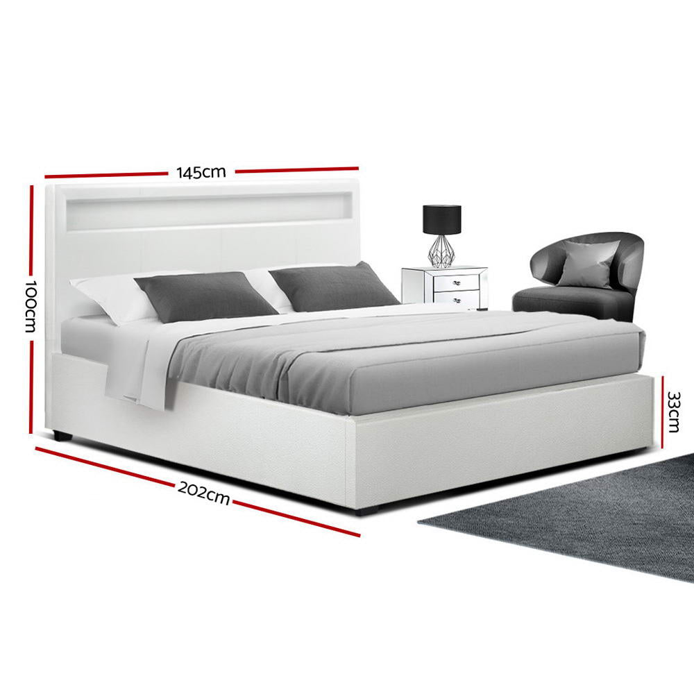LED Bed Frame Double Full Size Gas Lift Base With Storage White Leather - House Things Brand > Artiss