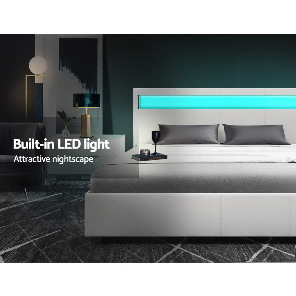 LED Bed Frame Double Full Size Gas Lift Base With Storage White Leather - House Things Brand > Artiss