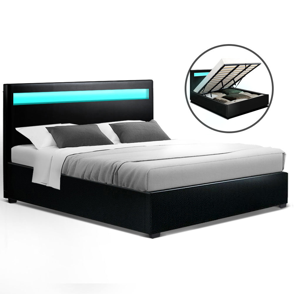 Vegas LED Bed Frame King Size with Storage Black Leather - House Things Furniture > Bedroom