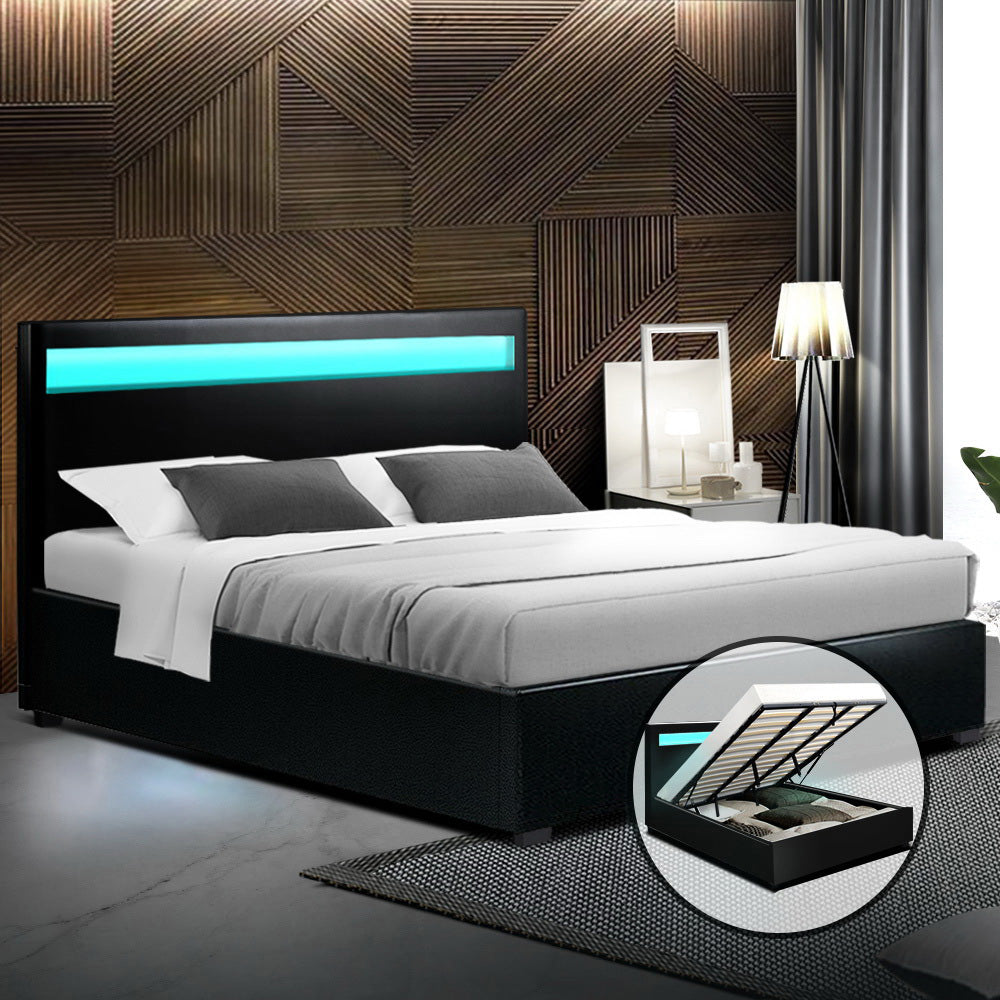 Vegas LED Bed Frame King Size with Storage Black Leather - House Things Furniture > Bedroom