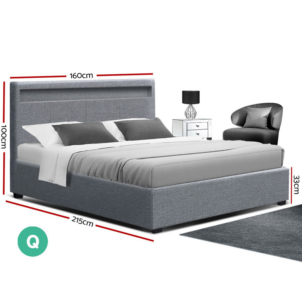 LED Queen Size Gas Lift Bed Frame with Storage Grey Fabric - House Things Furniture > Bedroom