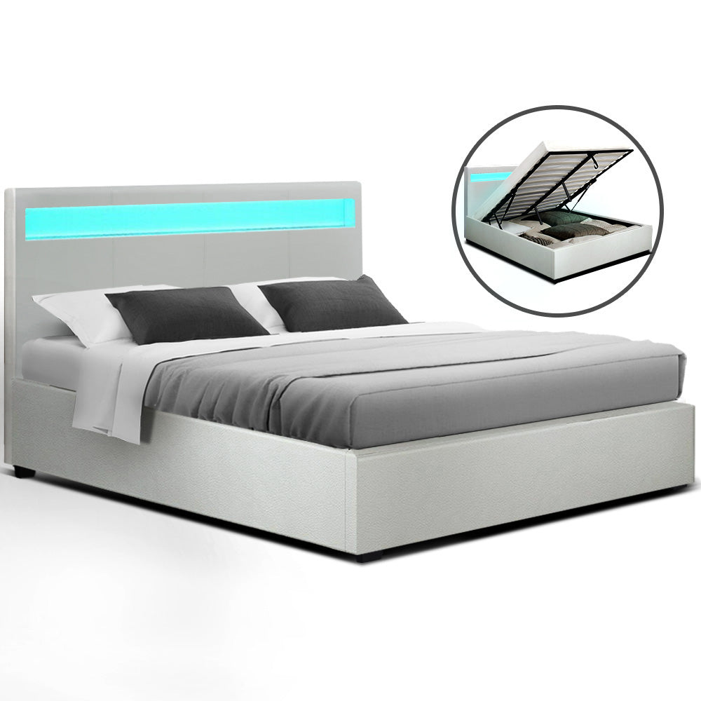 LED Bed Frame Queen Size Gas Lift Base With Storage White Leather - House Things Furniture > Bedroom