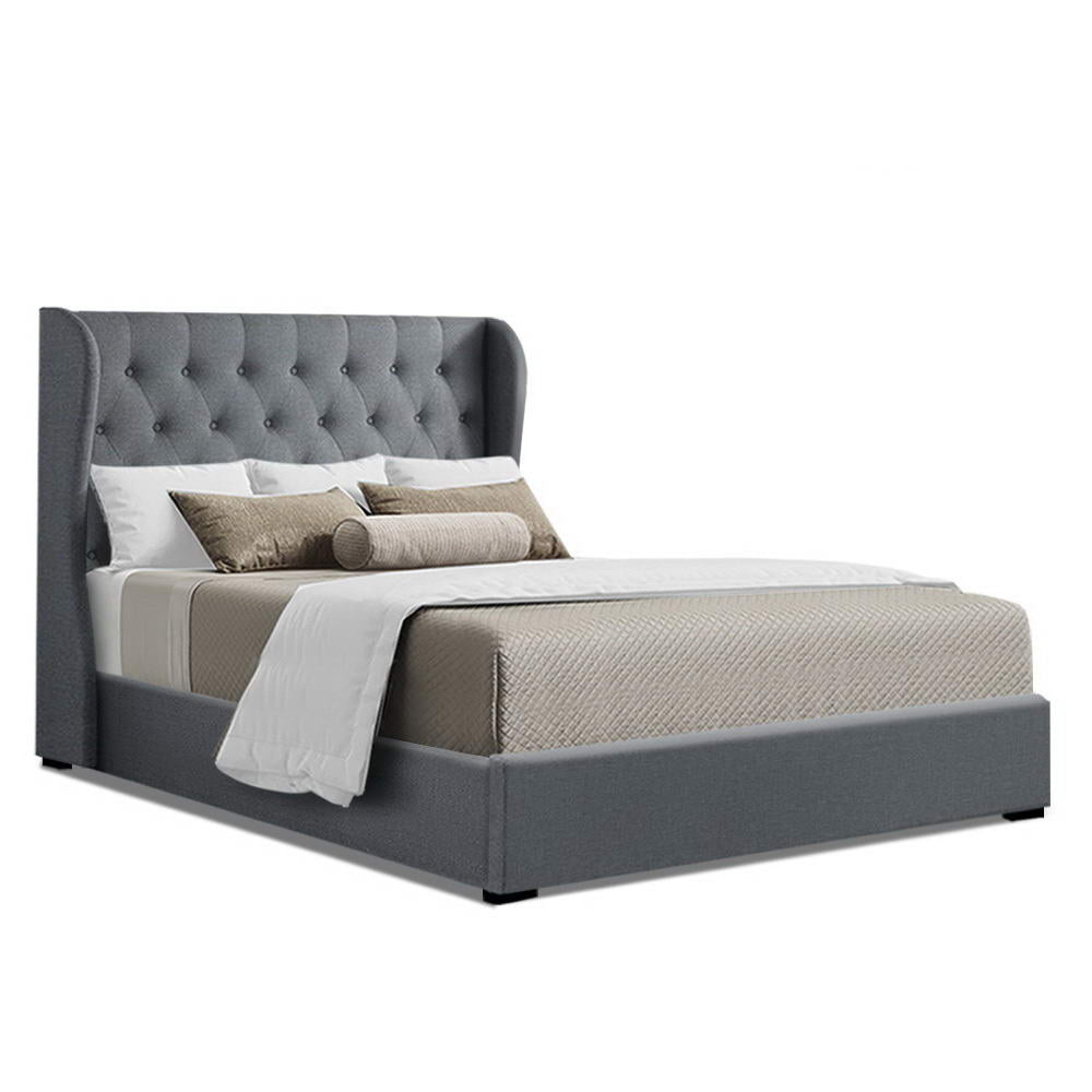 Queen Size Gas Lift Bed Frame Base With Storage Mattress Grey Fabric Wooden - House Things Furniture > Bedroom