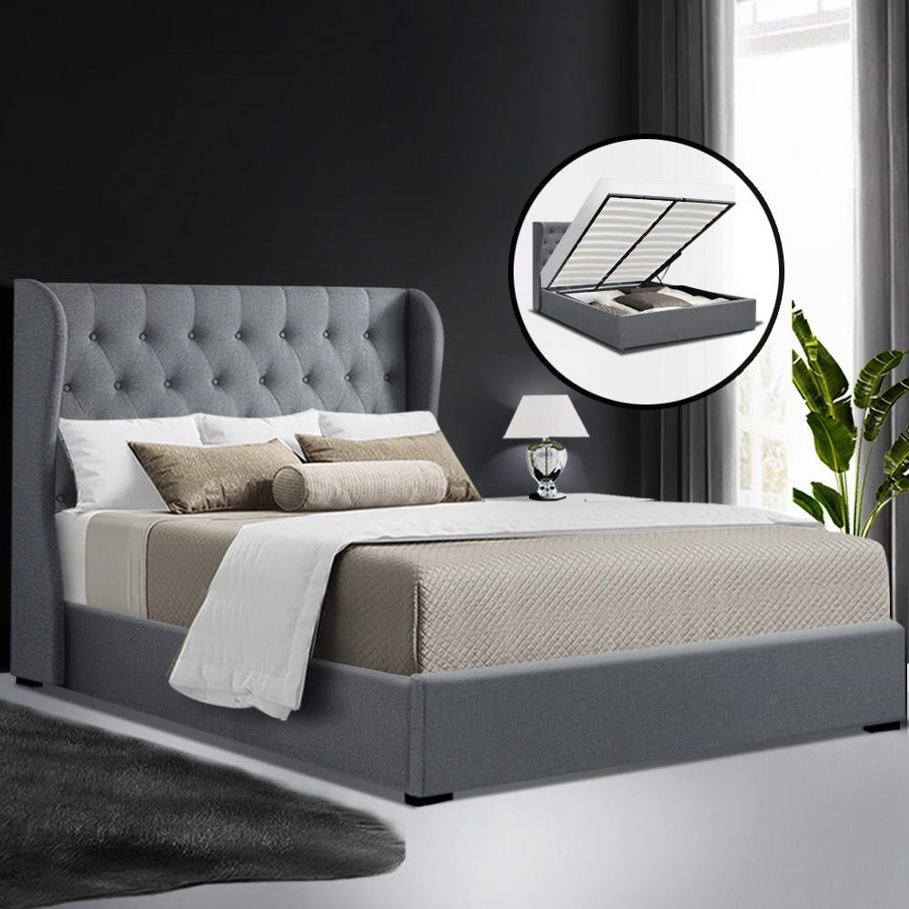 Queen Size Gas Lift Bed Frame Base With Storage Mattress Grey Fabric Wooden - House Things Furniture > Bedroom