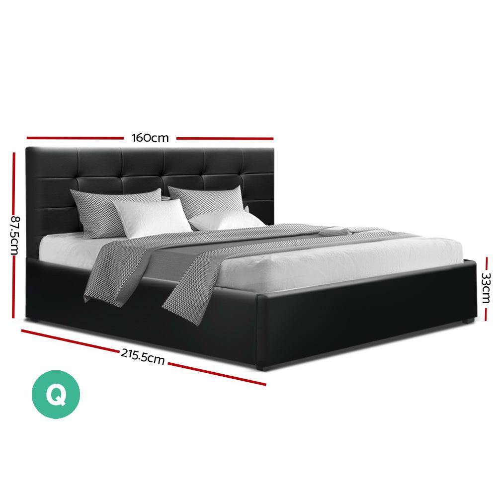 Queen Size Gas Lift Bed Frame With Storage Black Leather - Housethings 