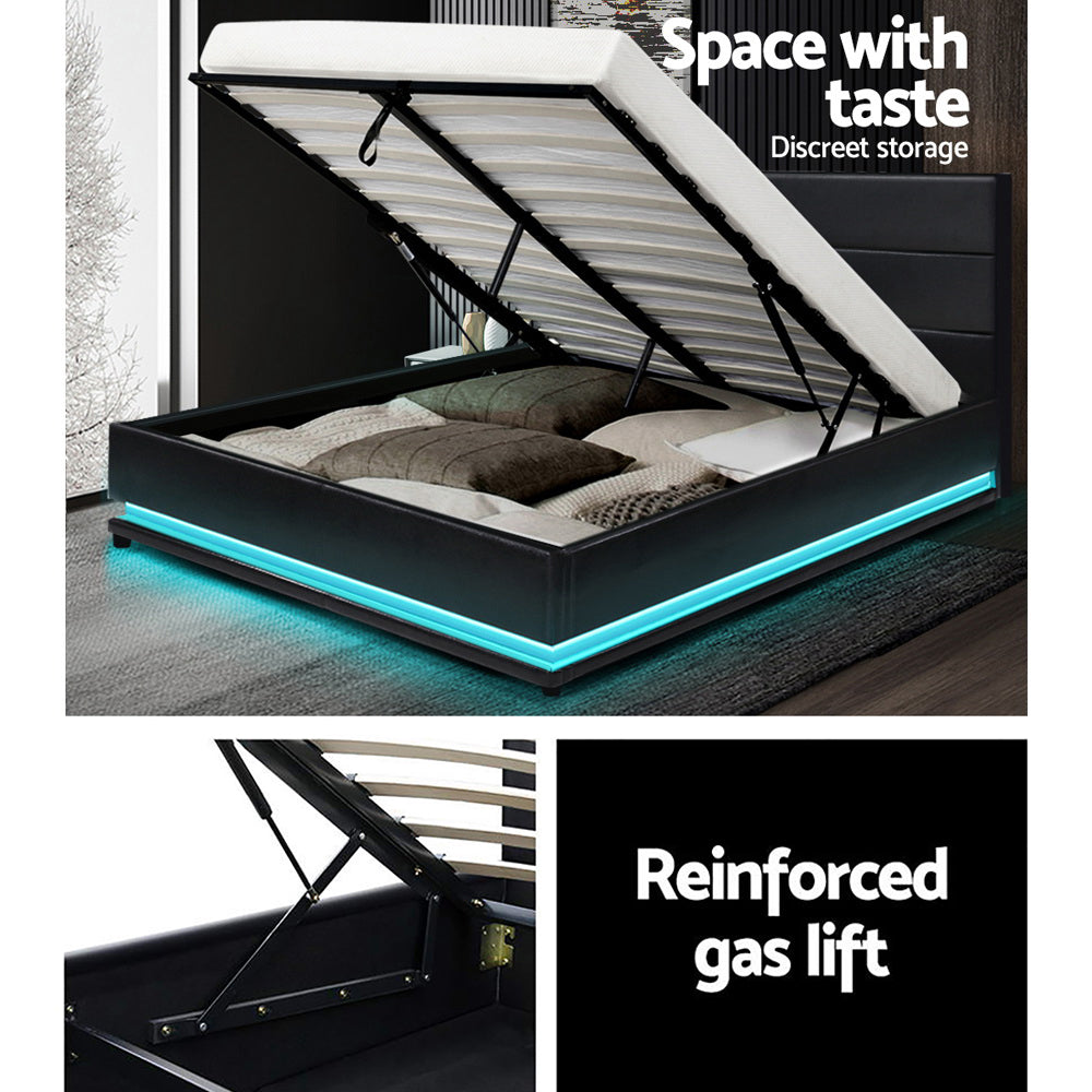 LED Bed Frame PU Leather Gas Lift Storage - Black Double - House Things Furniture > Bedroom