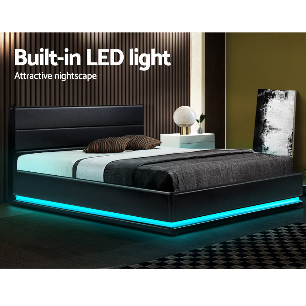 LED Bed Frame PU Leather Gas Lift Storage - Black Double - House Things Furniture > Bedroom