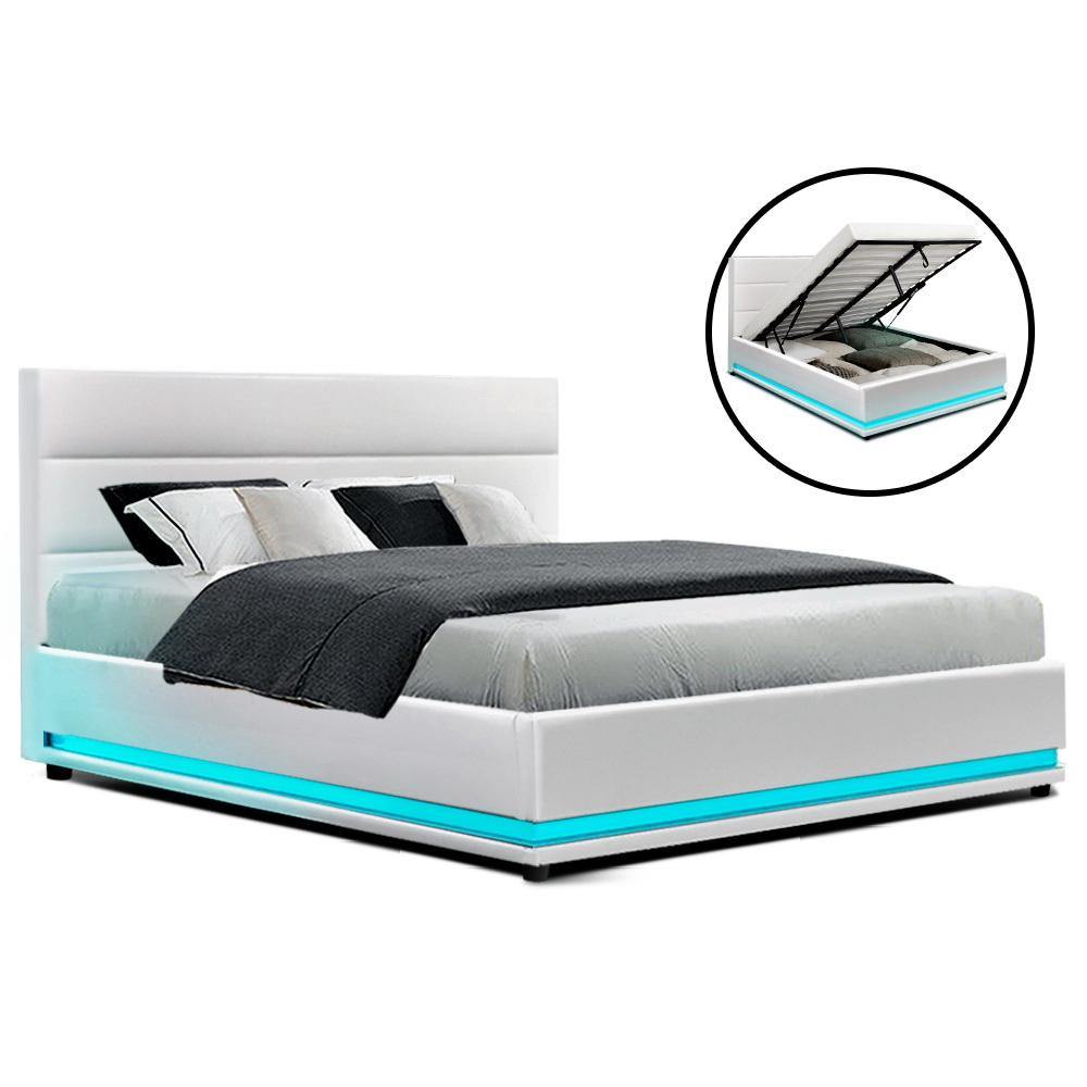 TOBI LED Bed Frame Double Full Size Gas Lift White Leather - House Things Furniture > Bedroom