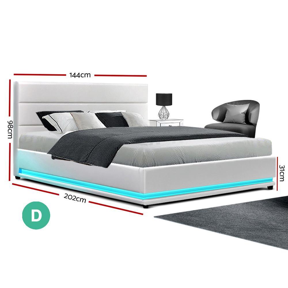 TOBI LED Bed Frame Double Full Size Gas Lift White Leather - House Things Furniture > Bedroom