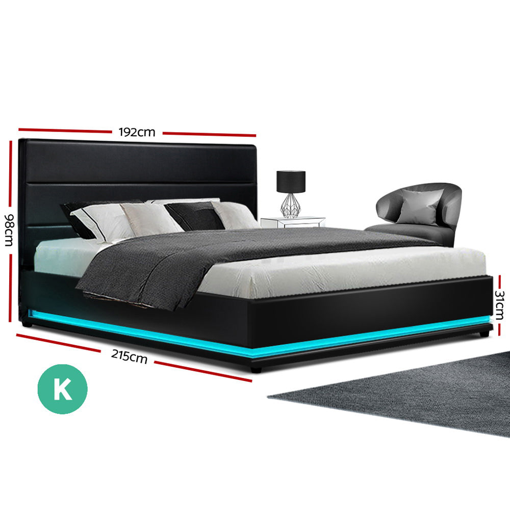 Vegas LED Bed Frame King Size Gas Lift Black Leather - House Things Furniture > Bedroom