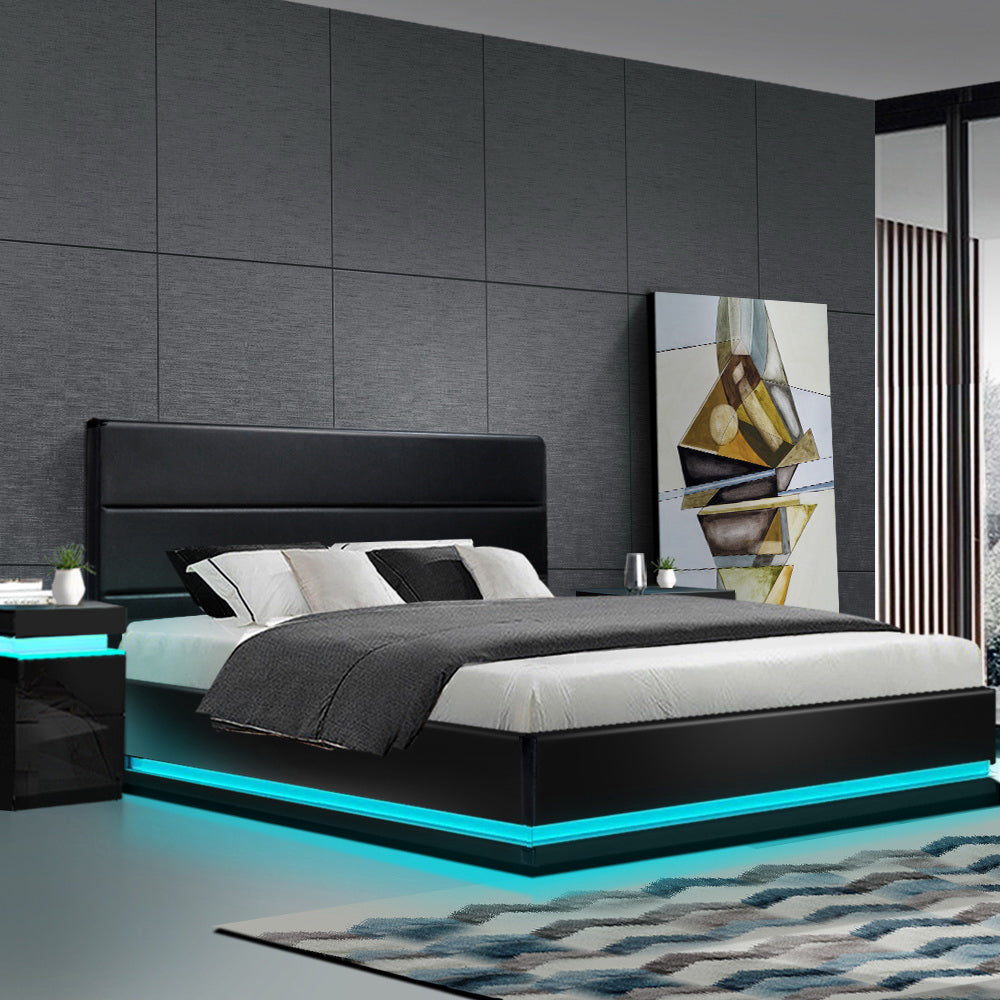 Vegas LED Bed Frame King Size Gas Lift Black Leather - House Things Furniture > Bedroom