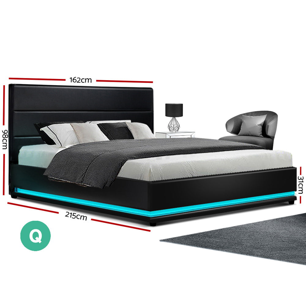 LED Bed Frame Queen Gas Lift Black Leather - House Things Furniture > Bedroom