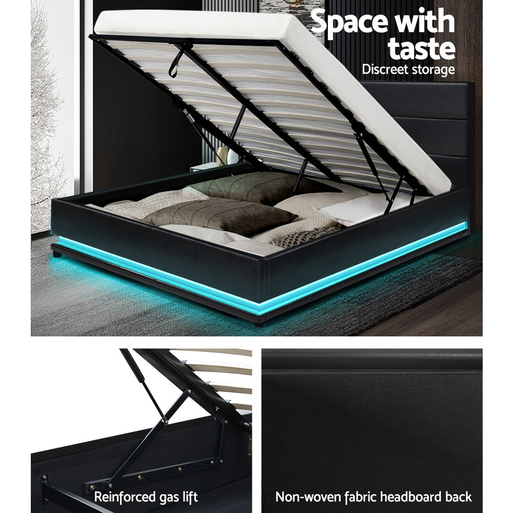 LED Bed Frame Queen Gas Lift Black Leather - House Things Furniture > Bedroom