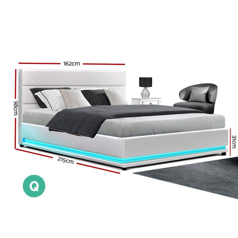 LED Bed Frame Queen Size Gas Lift Base Storage White Leather LUMI - House Things Furniture > Bedroom