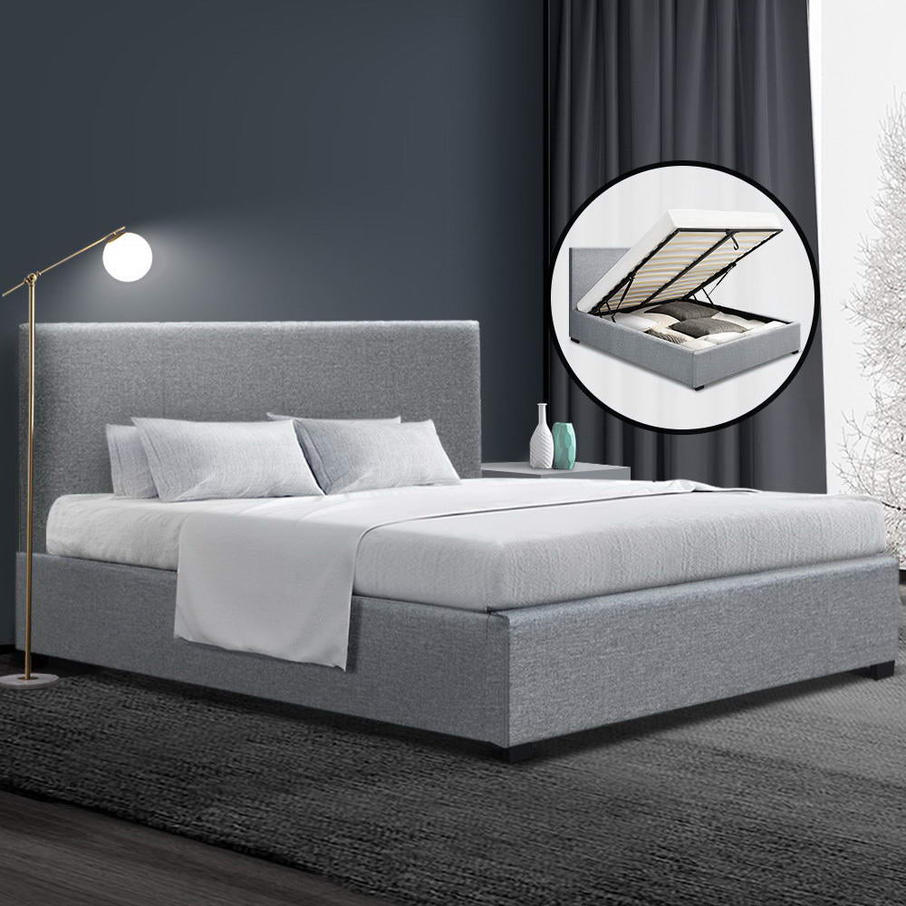Double Size Fabric and Wood Bed Frame - Grey - House Things Furniture > Bedroom