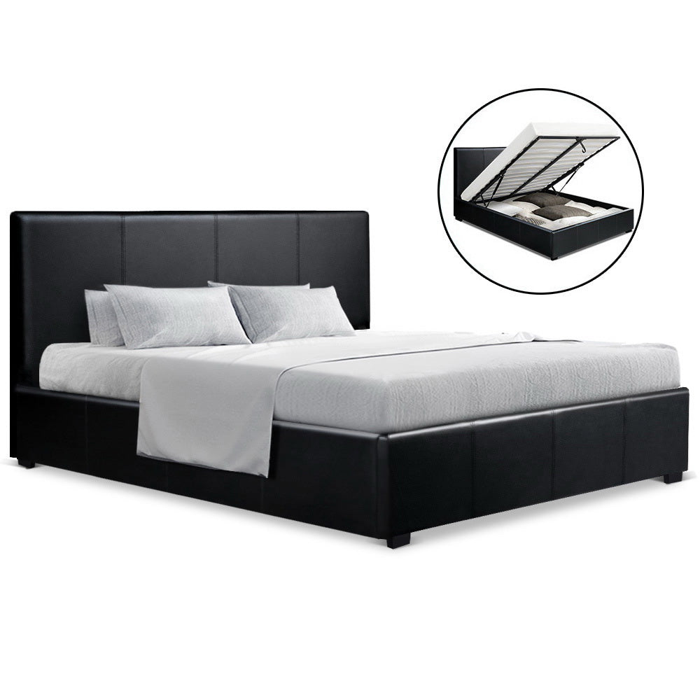 Queen Size PU Leather and Wood Bed Frame Headborad - Black - House Things Furniture > Bedroom