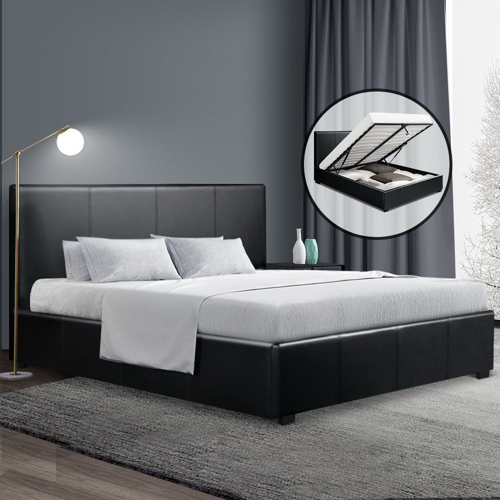 Queen Size PU Leather and Wood Bed Frame Headborad - Black - House Things Furniture > Bedroom