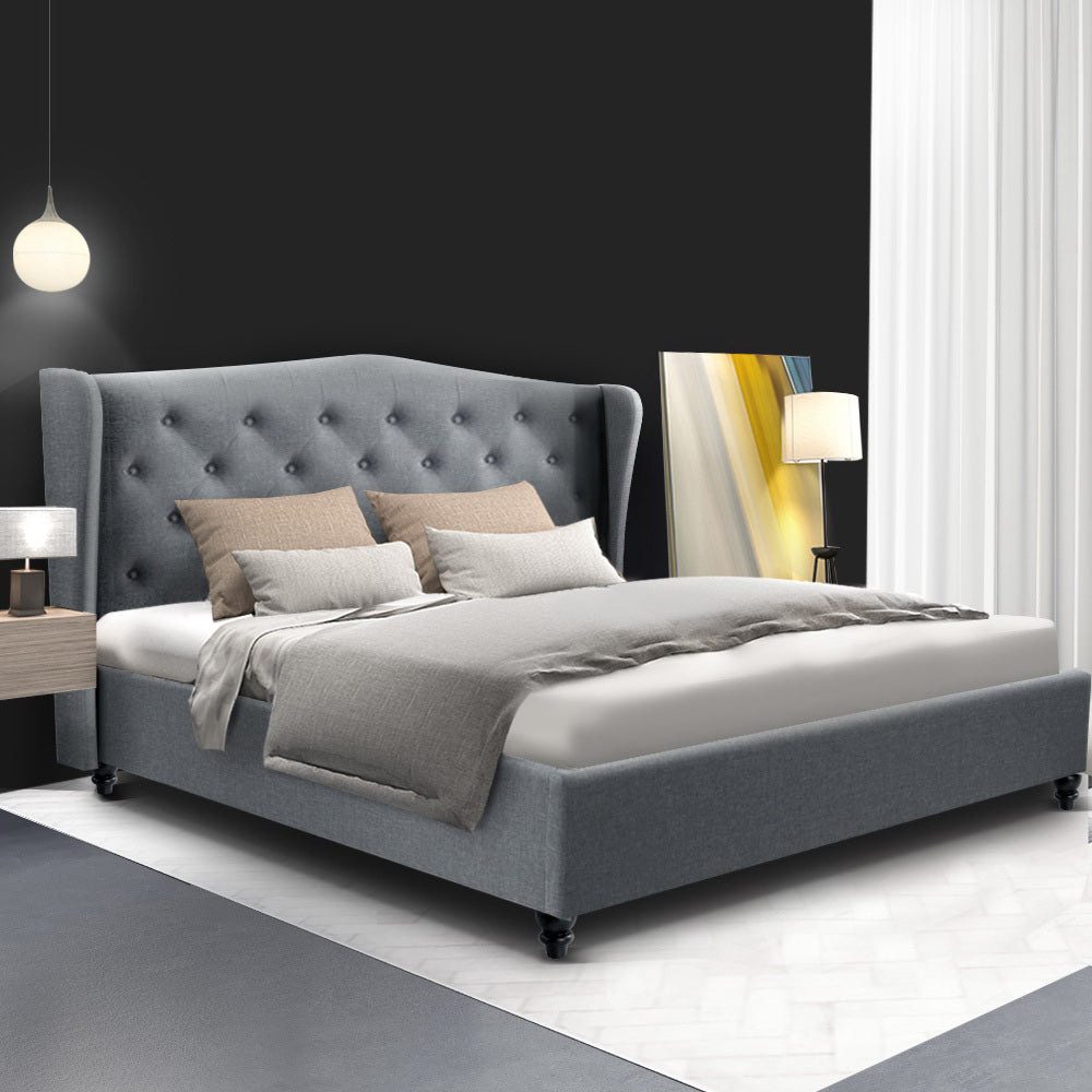 Double Size Wooden Upholstered Bed Frame Headborad - Grey - House Things Furniture > Bedroom