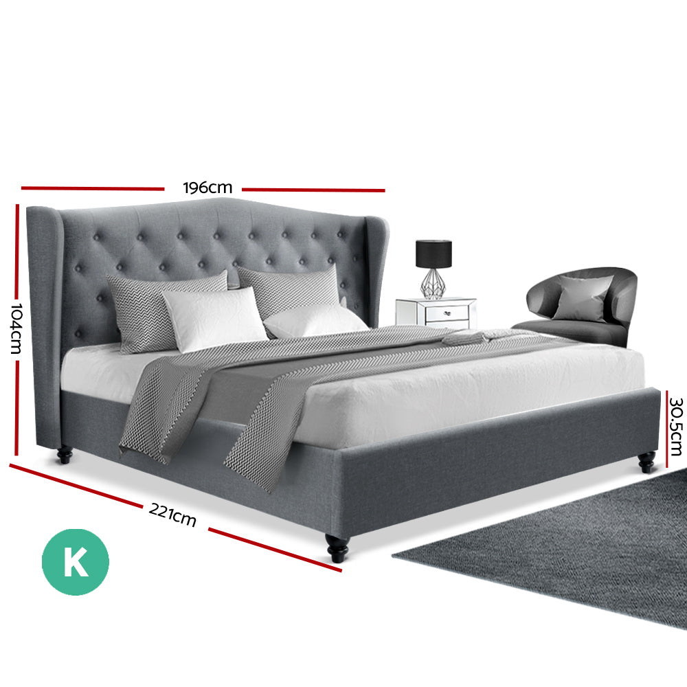 King Size Wooden Upholstered Bed Frame Headboard - Grey - House Things Furniture > Bedroom