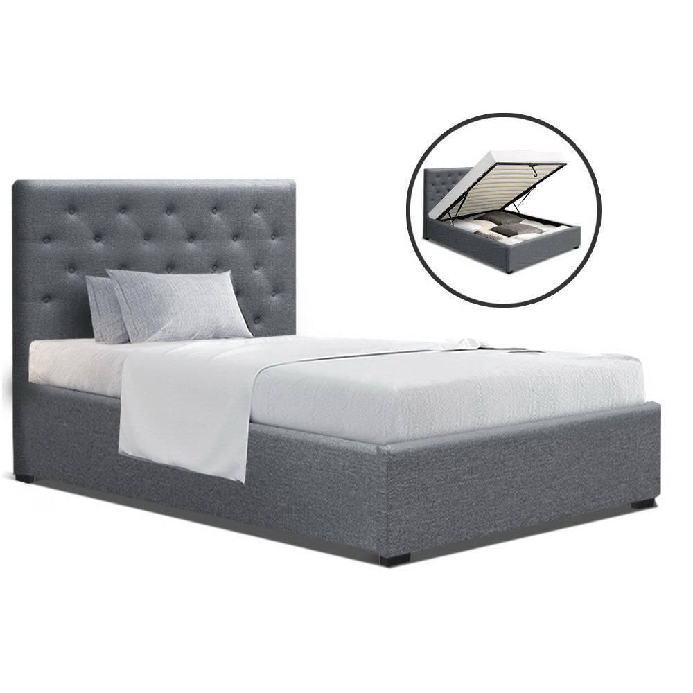VILA King Single Size Gas Lift Bed Frame Base With Storage Mattress Grey Fabric - House Things Furniture > Bedroom
