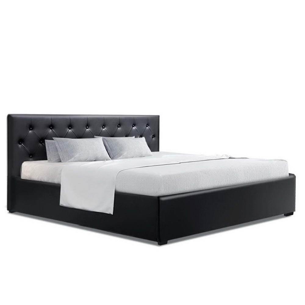 King Size Gas Lift Bed Frame Base Leather Wooden Black WARE - Housethings 