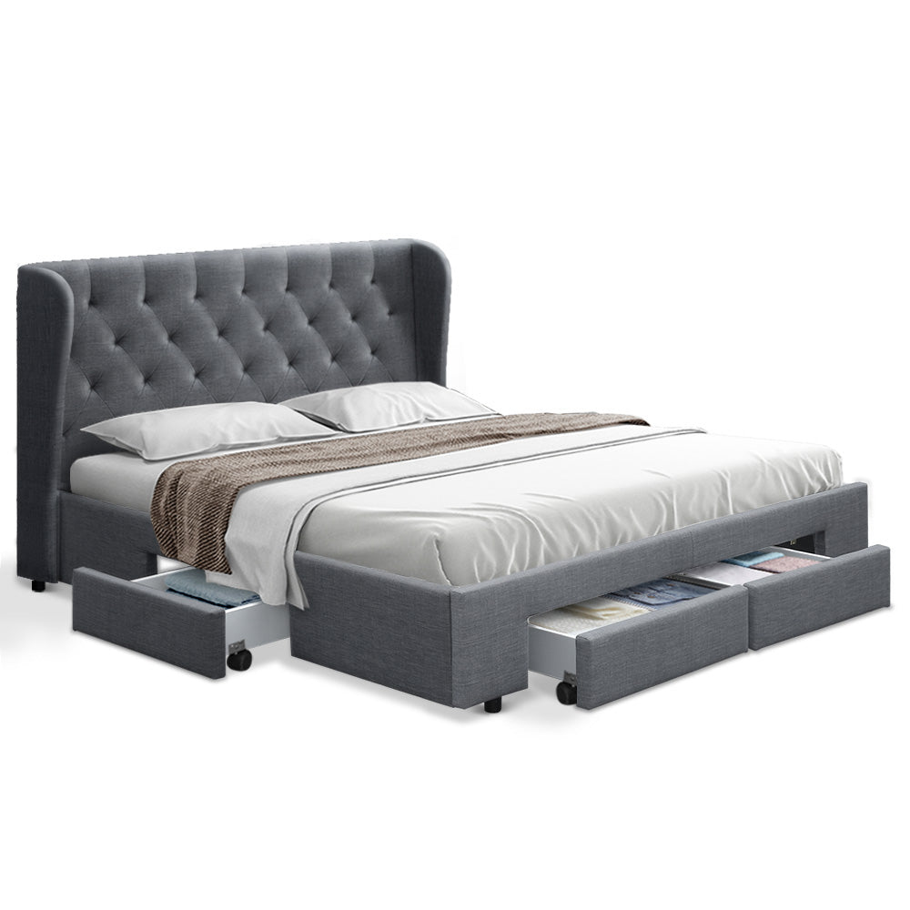 Queen Size Mattress Base With Storage Drawer Grey Fabric MILA - House Things Furniture > Bedroom