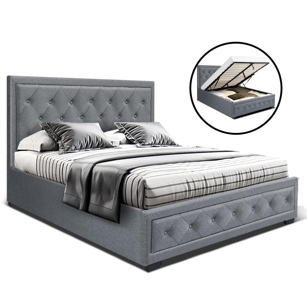 Grey Fabric Double Bed Frame Gas Lift Base With Storage  