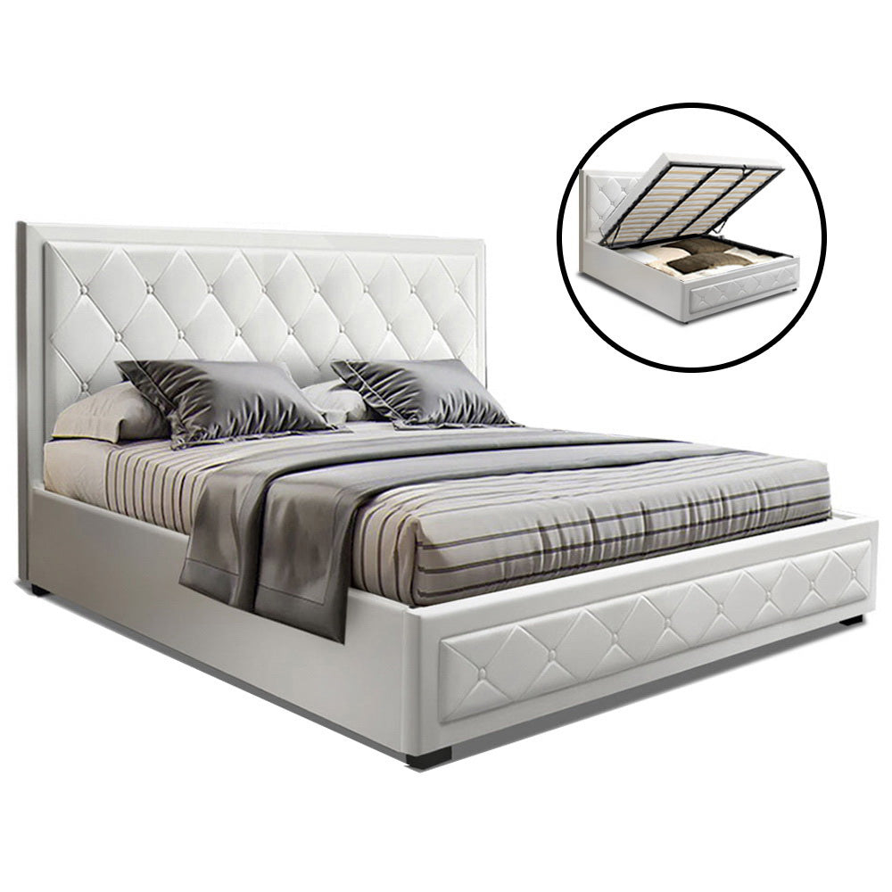 Yoni King Size Gas Lift Bed with Storage White Leather - House Things Furniture > Bedroom