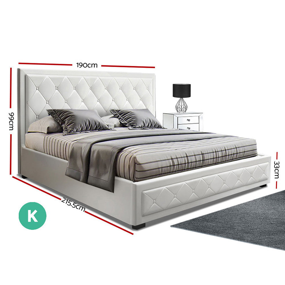 Yoni King Size Gas Lift Bed with Storage White Leather - House Things Furniture > Bedroom
