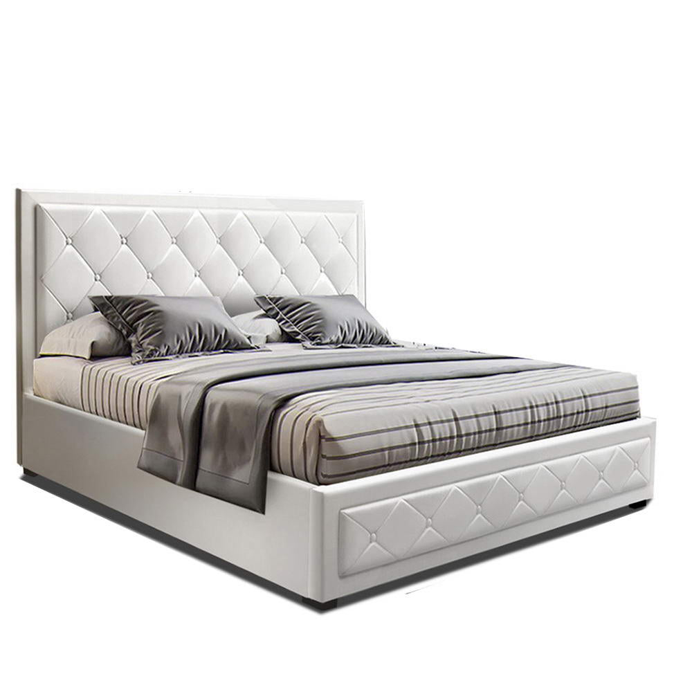 Yoni Queen Size Gas Lift Bed Frame with Storage - White Leather - House Things Furniture > Bedroom