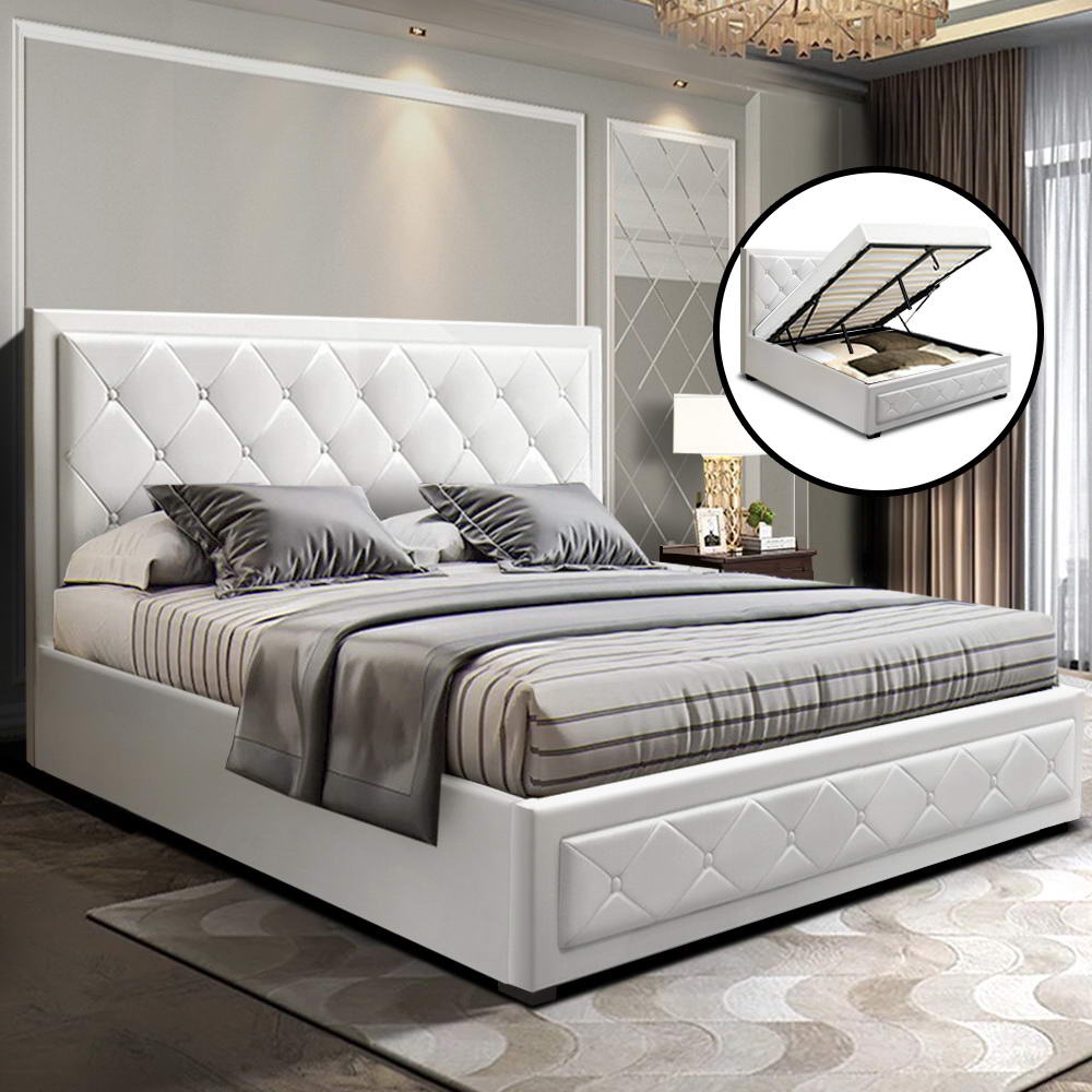 Yoni Queen Size Gas Lift Bed Frame with Storage - White Leather - House Things Furniture > Bedroom