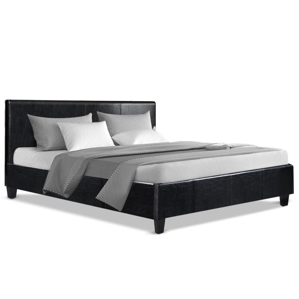 Bed Frame Queen Size Base Leather Wooden Black NEO - House Things 