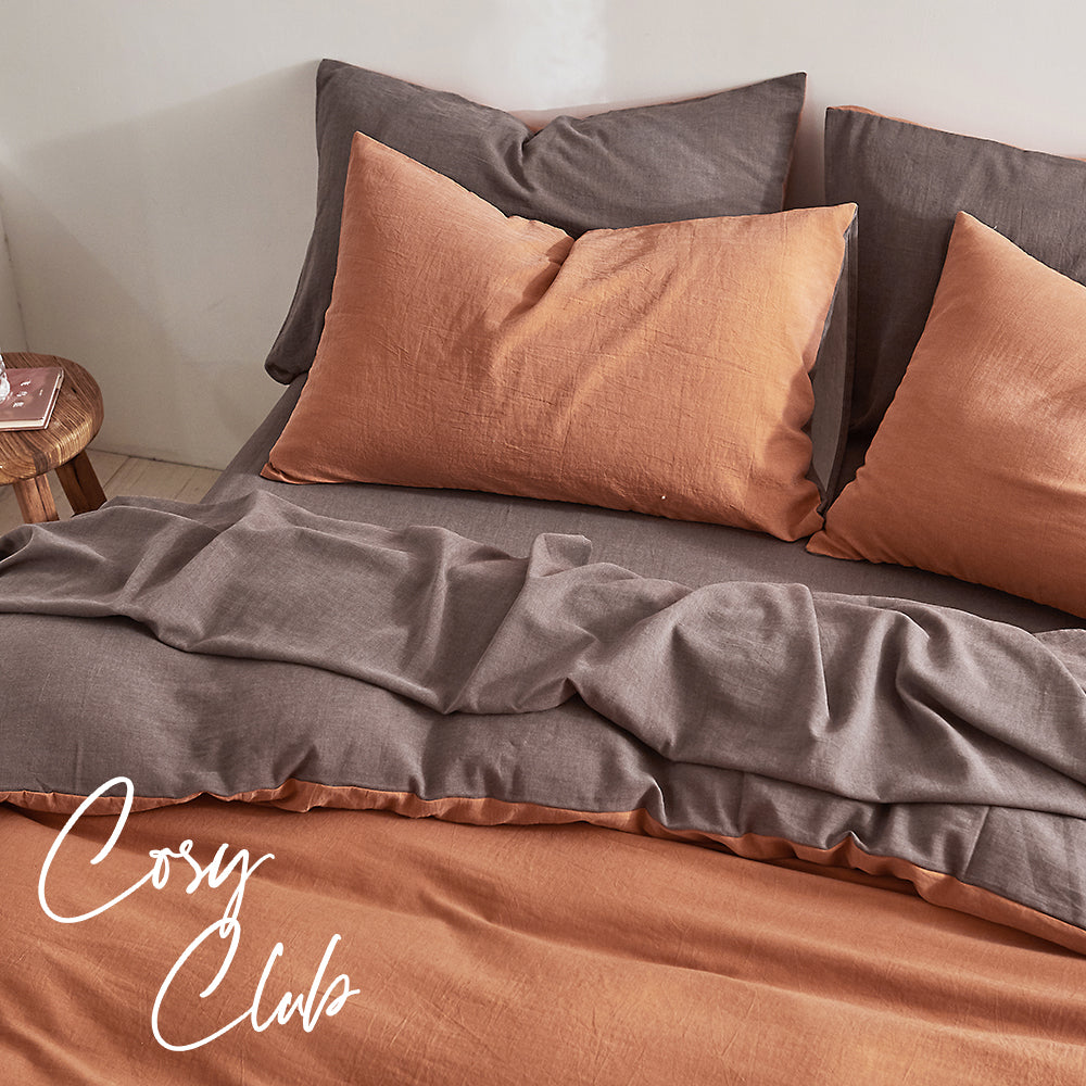 Cosy Club Quilt Cover Set Cotton Duvet Double Orange Brown - House Things Home & Garden > Bedding
