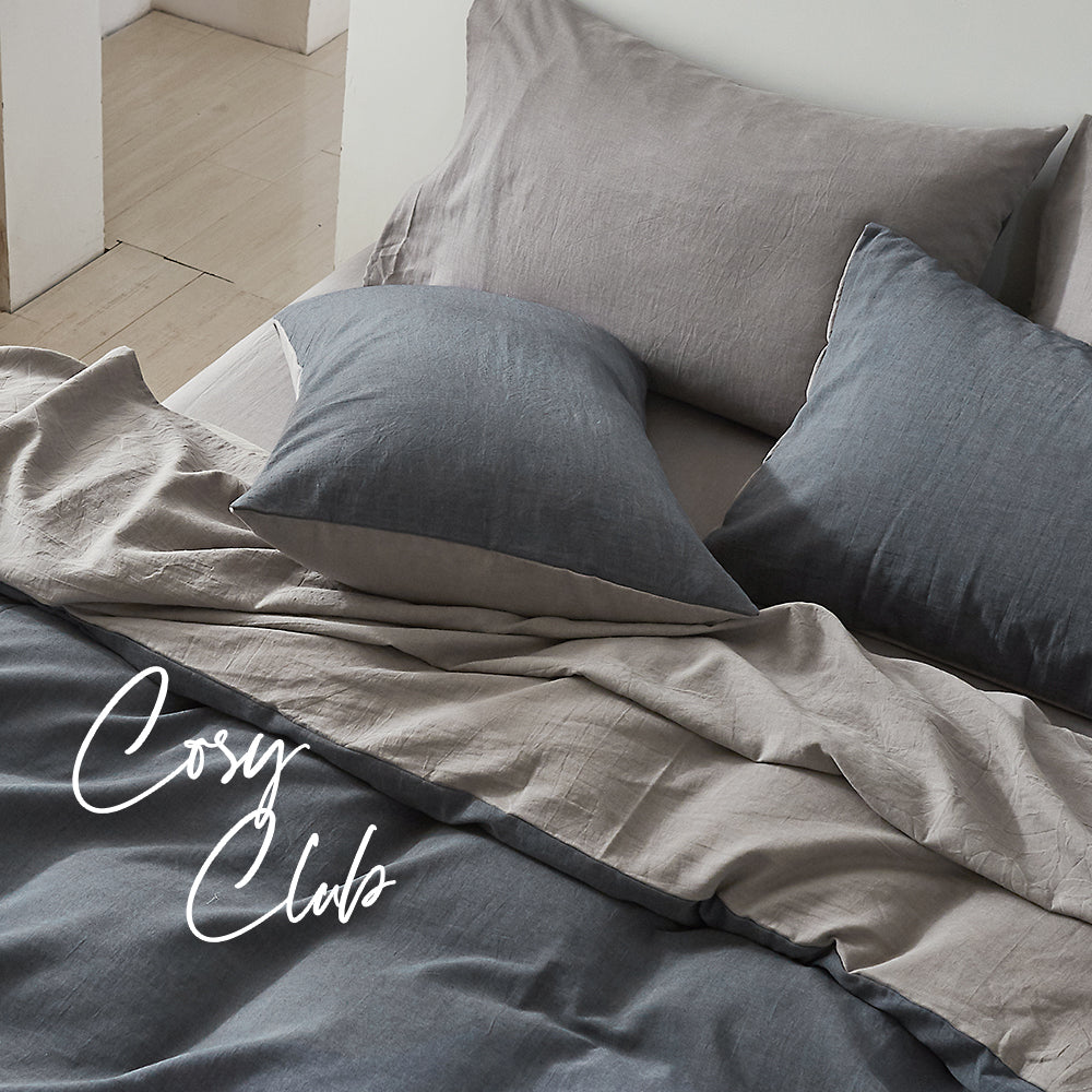 Cosy Club Quilt Cover Set Cotton Duvet Queen Blue Dark Grey - House Things Home & Garden > Bedding