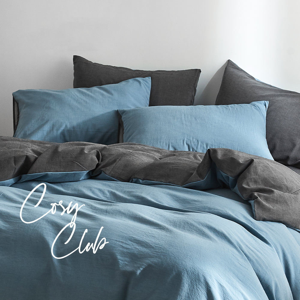 Cosy Club Quilt Cover Set Cotton Duvet Single Blue Dark Blue - House Things Home & Garden > Bedding