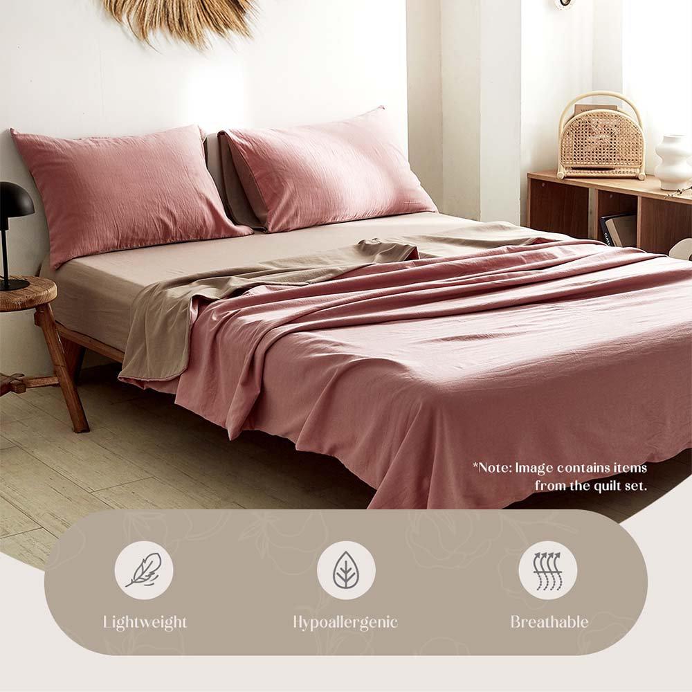 Cosy Club Washed Cotton Sheet Set Pink Brown Double - House Things Home & Garden > Bedding